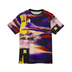 All-over print tee with abstract art design featuring purple, yellow, red, and black, flat lay showing full print.