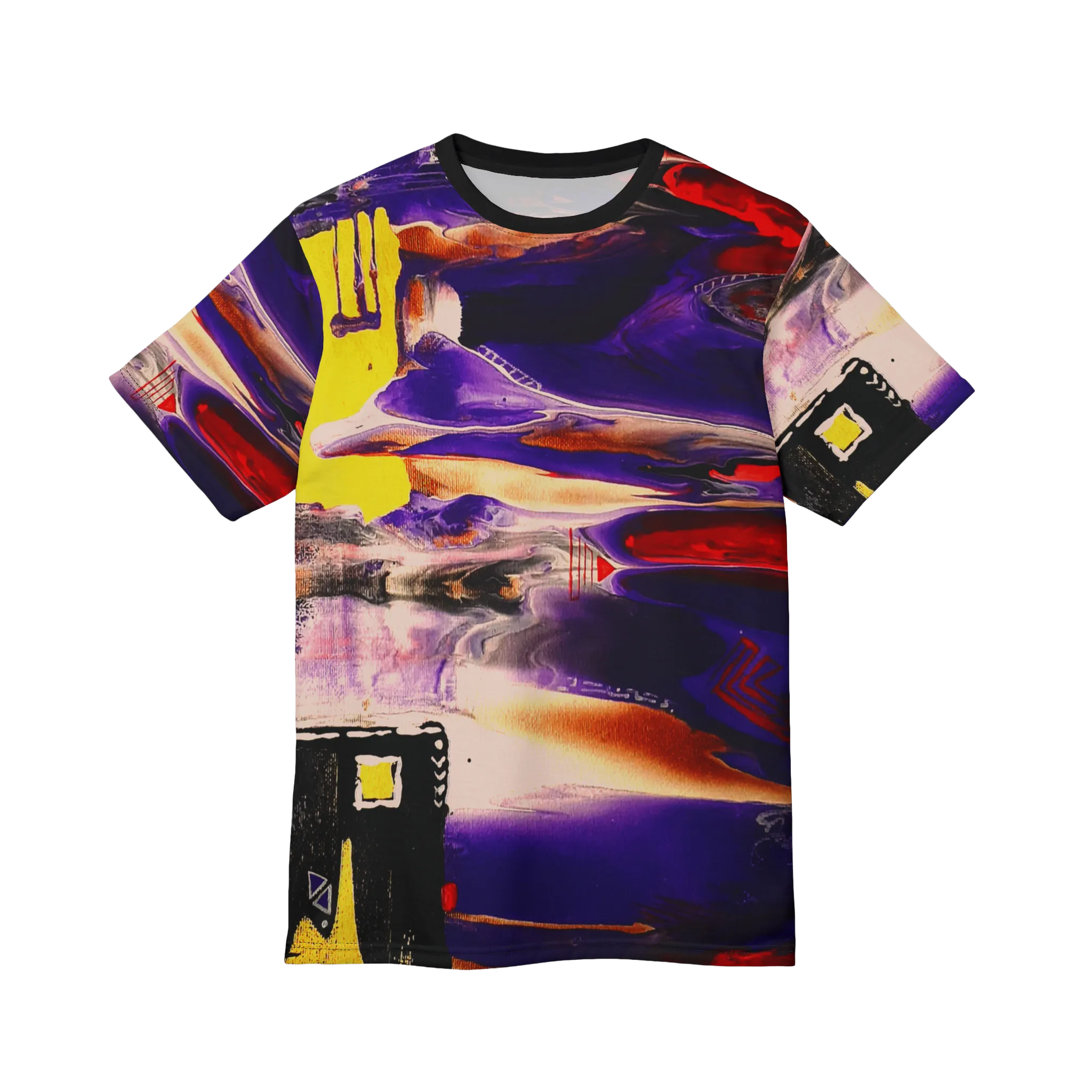 All-over print tee with abstract art design featuring purple, yellow, red, and black, flat lay showing full print.