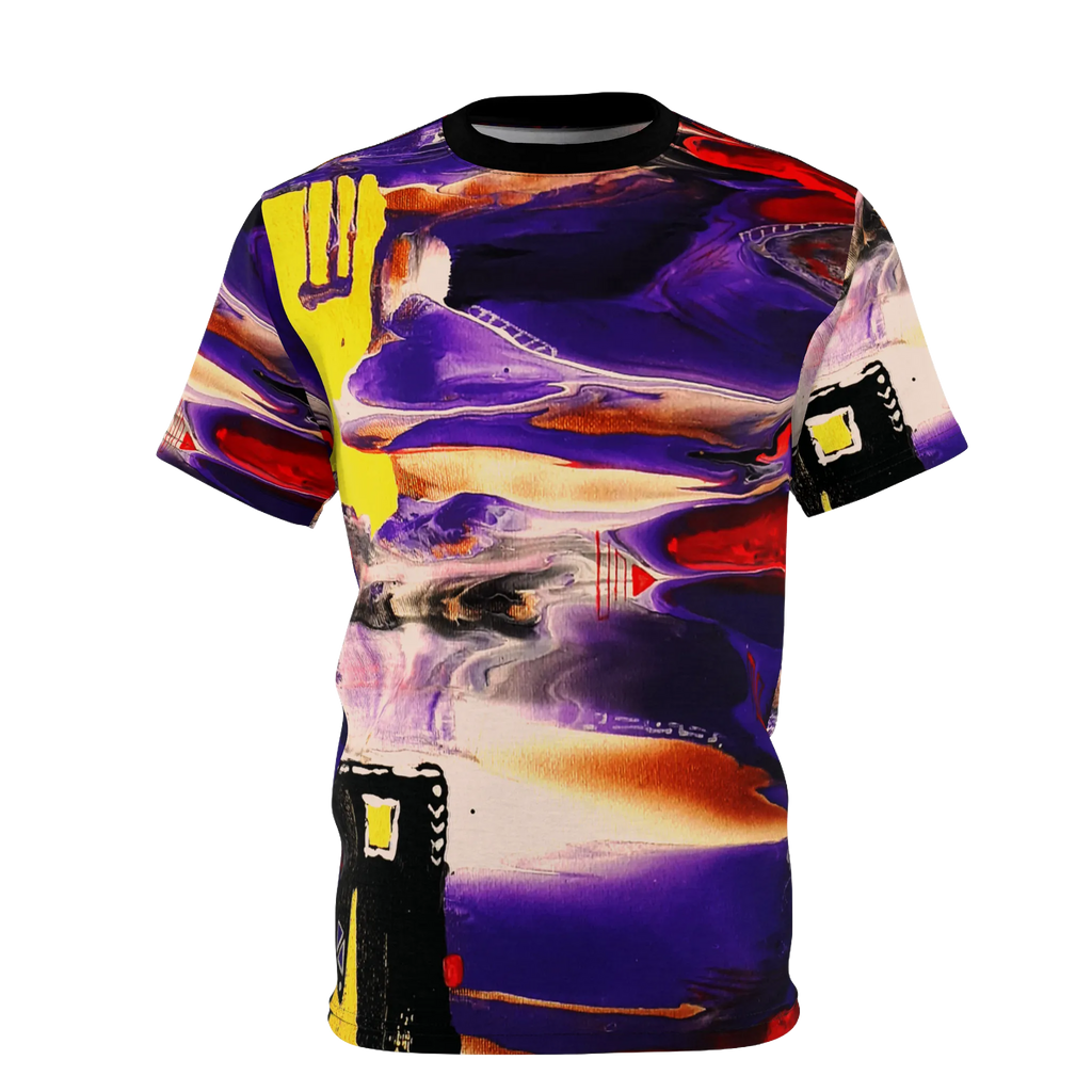 All-over print tee with abstract art design featuring purple, yellow, red, and black, front view on form.