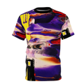 All-over print tee with abstract art design featuring purple, yellow, red, and black, front view on form.