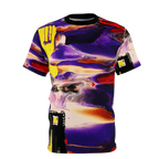 All-over print tee with abstract art design featuring purple, yellow, red, and black, front view on form.