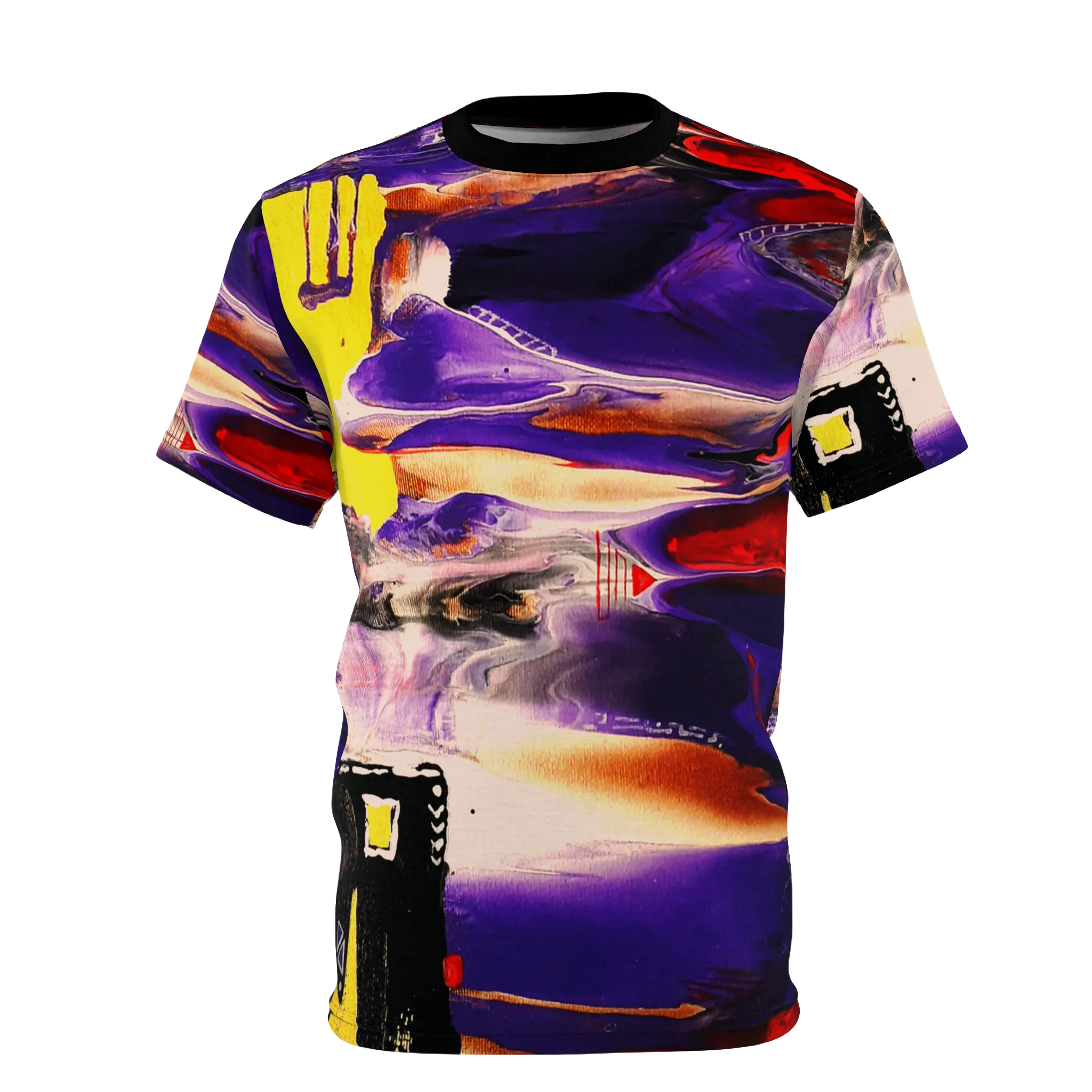All-over print tee with abstract art design featuring purple, yellow, red, and black, front view on form.