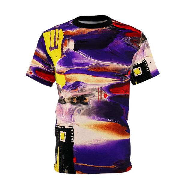 All-over print tee with abstract art design featuring purple, yellow, red, and black, front view on form.