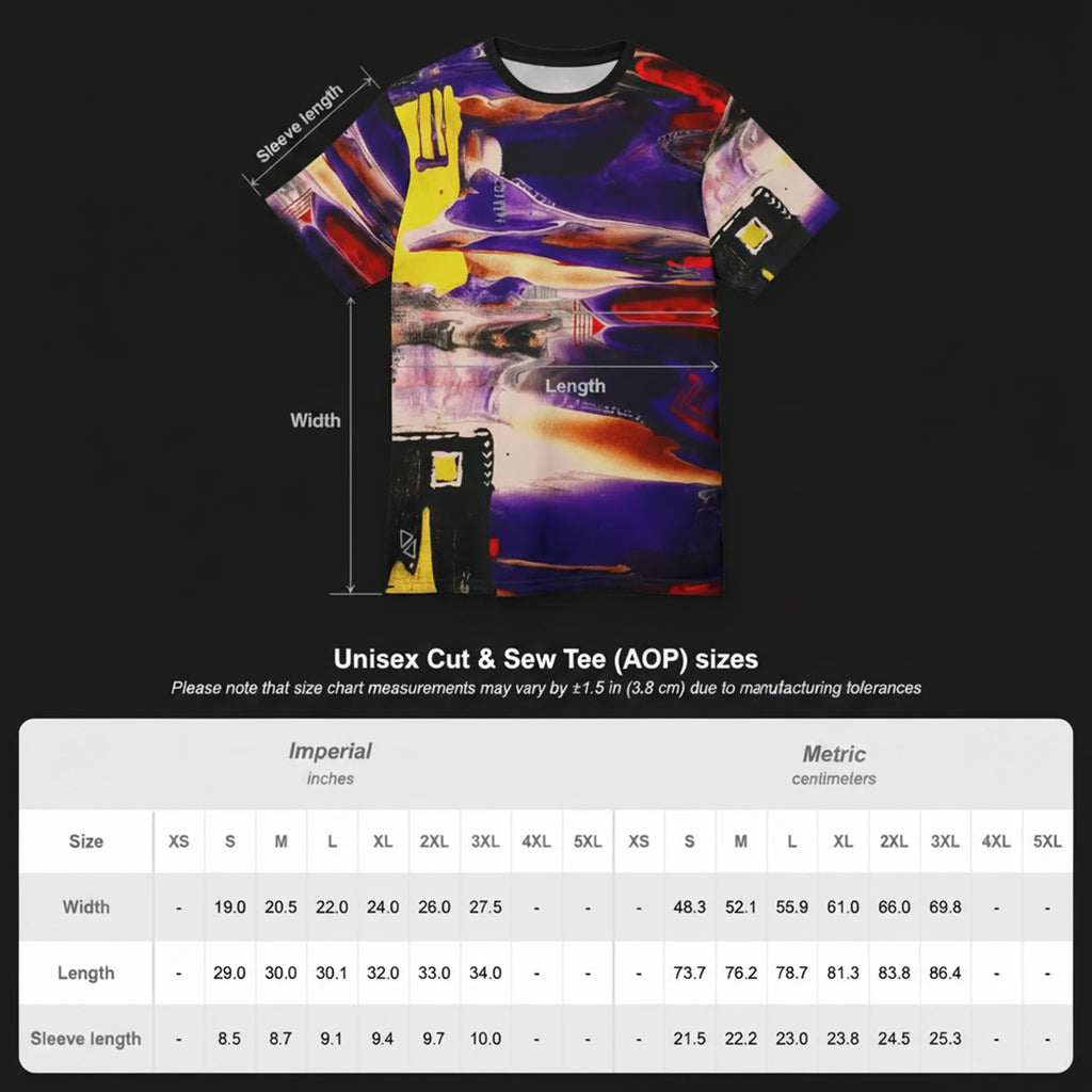 Size chart for unisex cut and sew tee showing width, length, and sleeve length measurements in inches and centimeters, sizes S through 3XL.