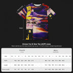 Size chart for unisex cut and sew tee showing width, length, and sleeve length measurements in inches and centimeters, sizes S through 3XL.