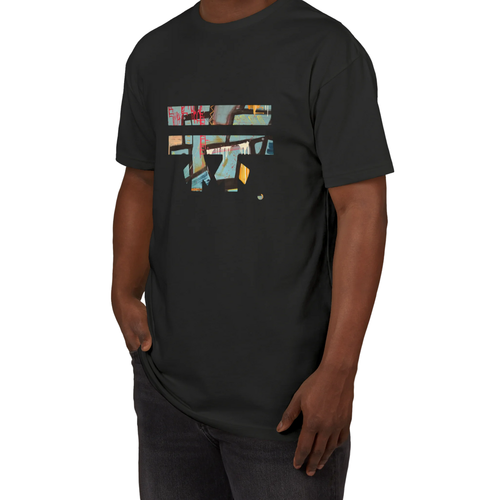Black FREEBRD sueded tee worn by model, abstract “Patchy" collage graphic, front lifestyle view.