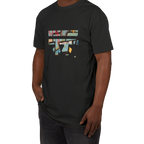 Black FREEBRD sueded tee worn by model, abstract “Patchy" collage graphic, front lifestyle view.
