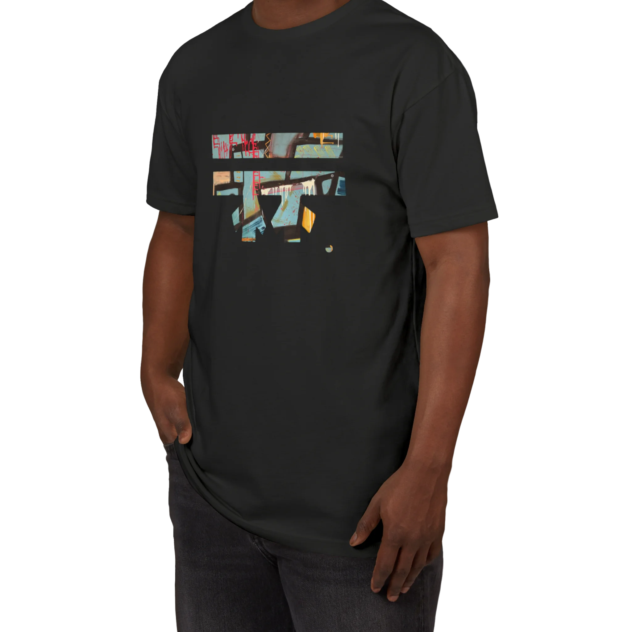 Black FREEBRD sueded tee worn by model, abstract “Patchy" collage graphic, front lifestyle view.