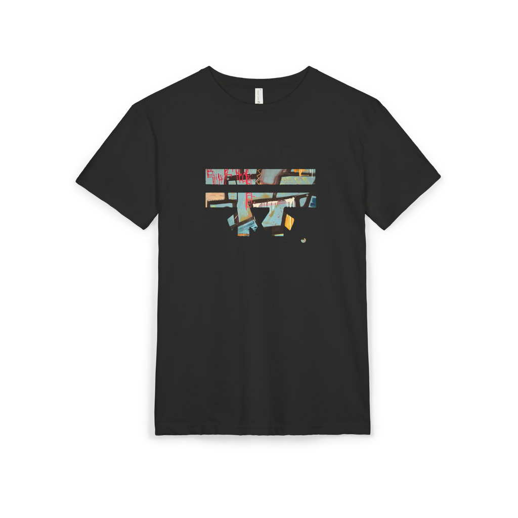 Black abstract FREEBRD “Patchy" Graphic sueded tee, FREEBRD logo, crew neck, front view.