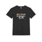 Black abstract FREEBRD “Patchy" Graphic sueded tee, FREEBRD logo, crew neck, front view.