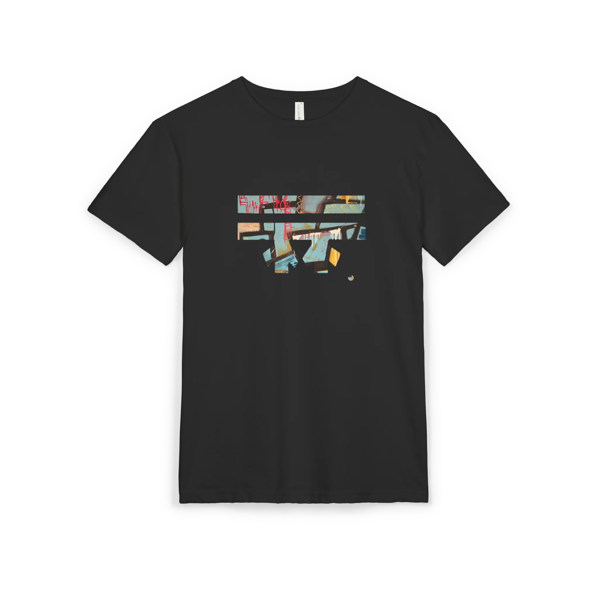 Black abstract FREEBRD “Patchy" Graphic sueded tee, FREEBRD logo, crew neck, front view.