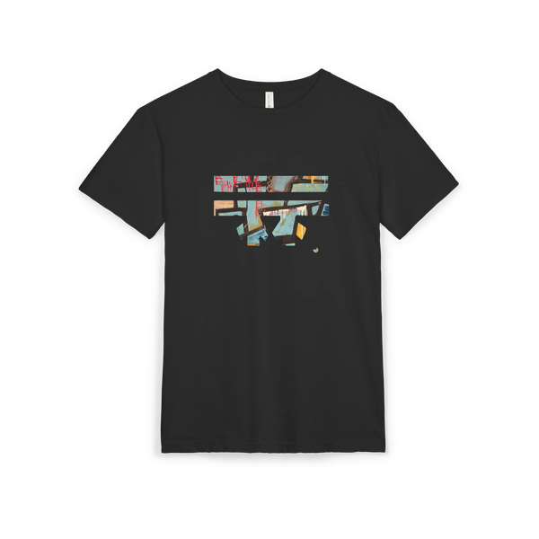 Black abstract FREEBRD “Patchy" Graphic sueded tee, FREEBRD logo, crew neck, front view.