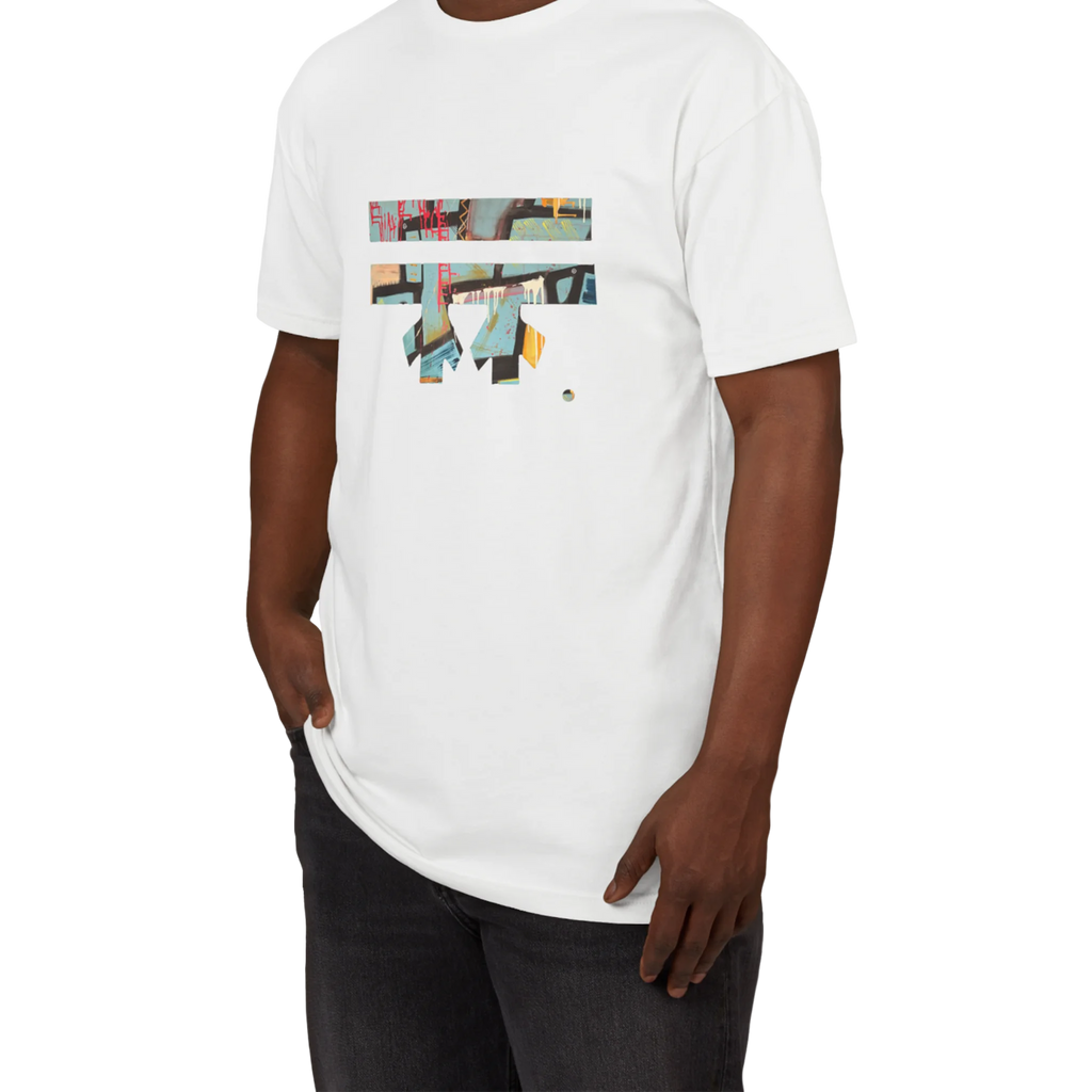 White FREEBRD sueded tee worn by model, abstract "Patchy" collage graphic, front lifestyle view.