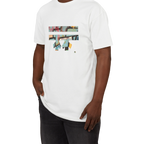 White FREEBRD sueded tee worn by model, abstract "Patchy" collage graphic, front lifestyle view.
