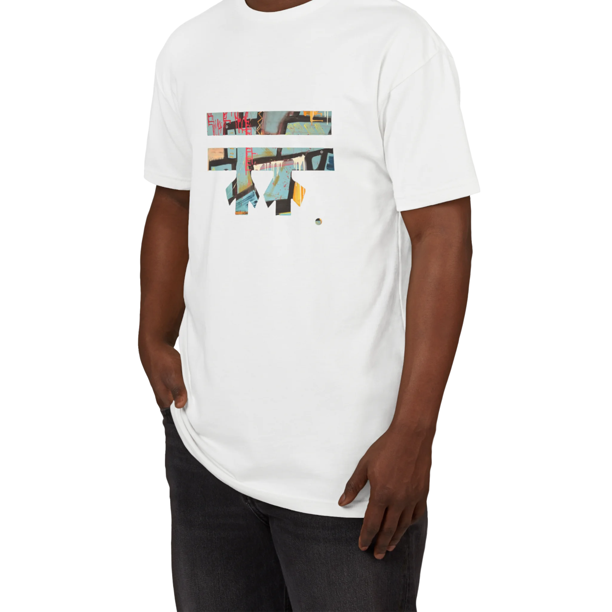 White FREEBRD sueded tee worn by model, abstract "Patchy" collage graphic, front lifestyle view.
