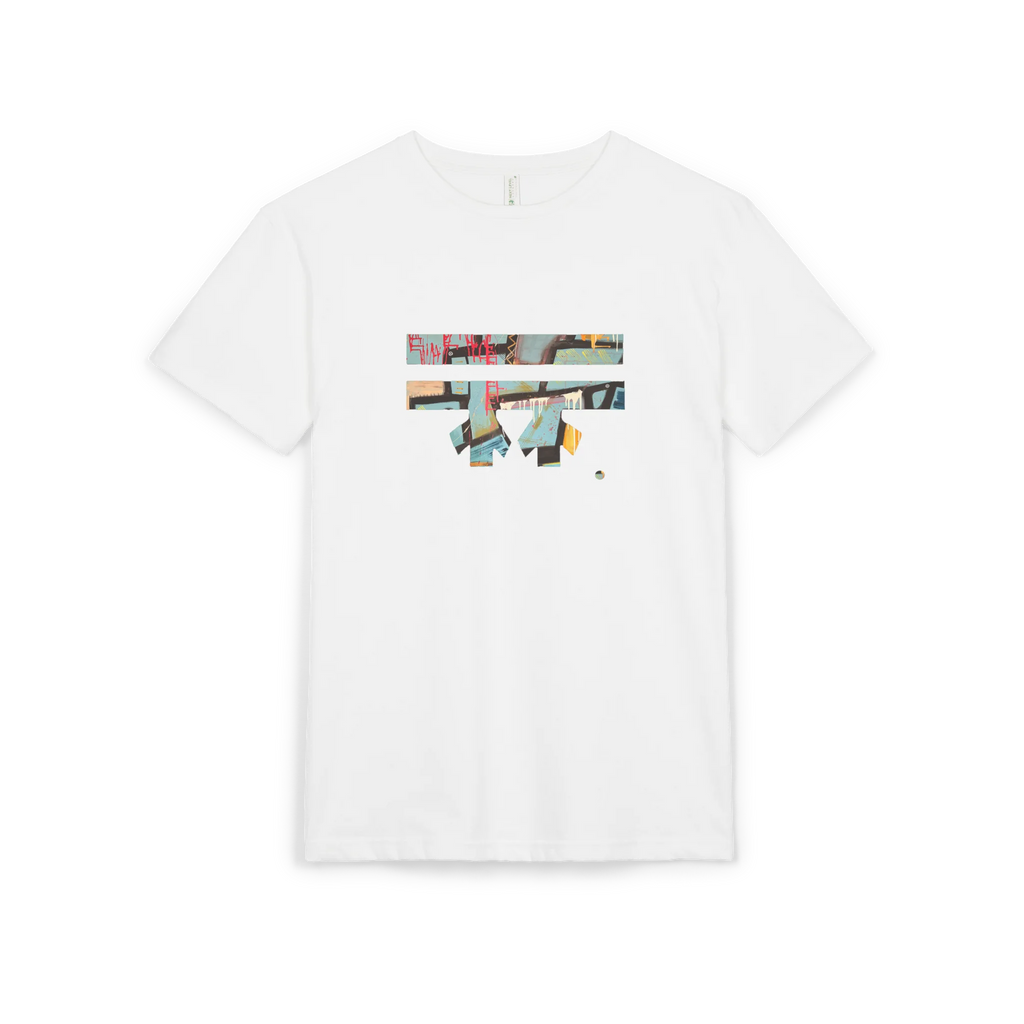 White abstract FREEBRD “Patchy" Graphic sueded tee, FREEBRD logo, crew neck, front view.