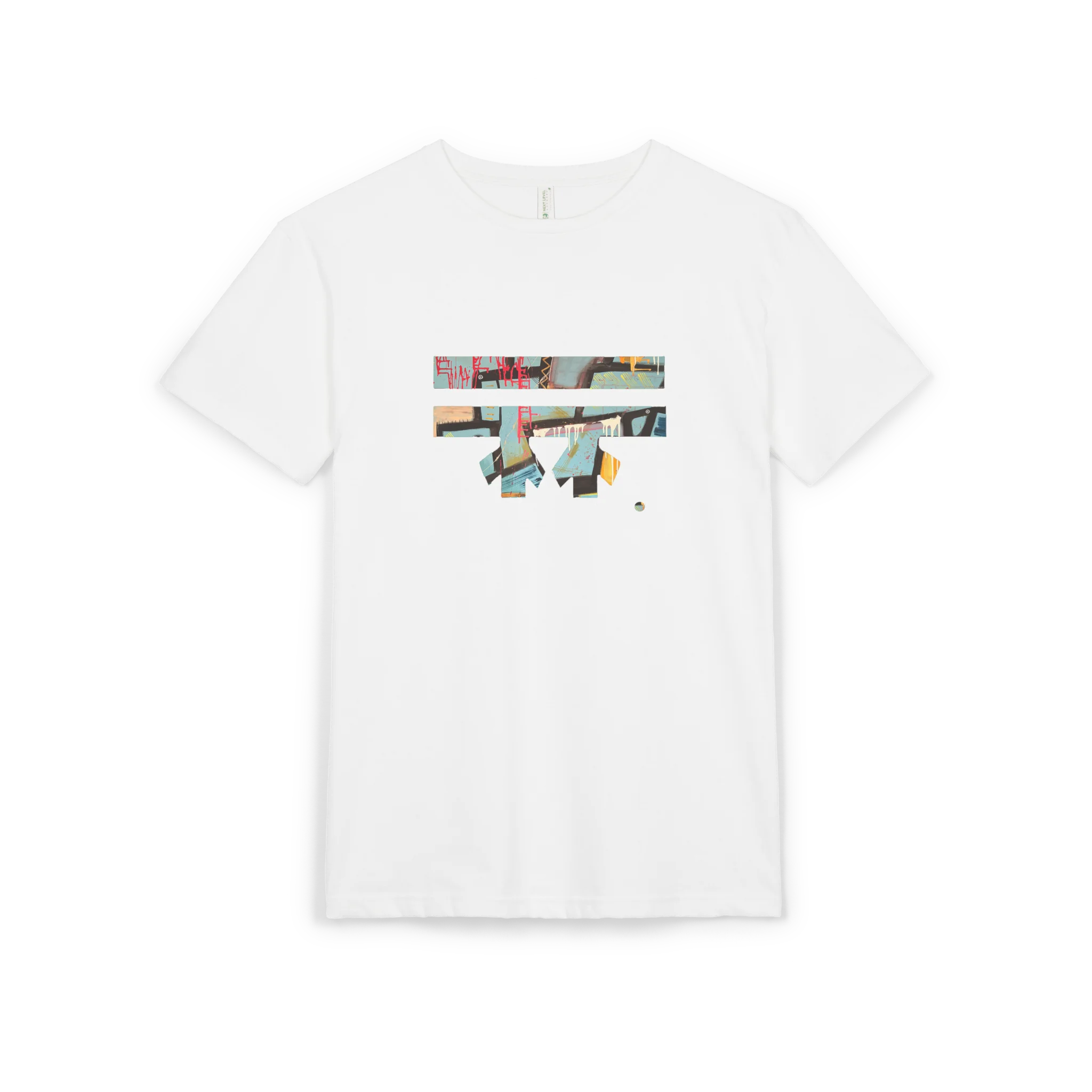 White abstract FREEBRD “Patchy" Graphic sueded tee, FREEBRD logo, crew neck, front view.
