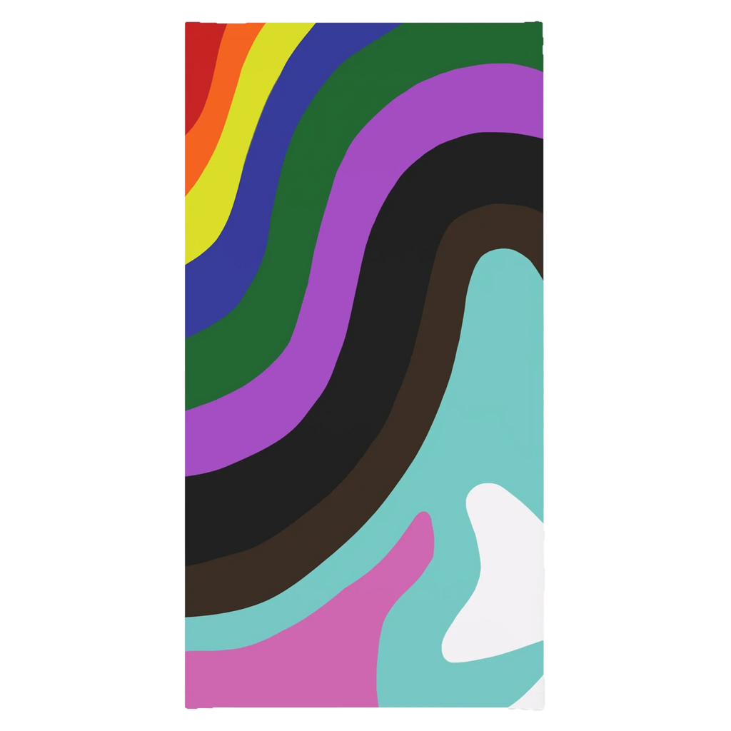 A back view of the FREEBRD Abstract Pride Rainbow Wave Neck gaiter, showing color waves of red, orange, yellow, blue, green, purple, black, brown, pink, teal and white. 