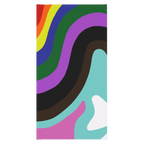 A back view of the FREEBRD Abstract Pride Rainbow Wave Neck gaiter, showing color waves of red, orange, yellow, blue, green, purple, black, brown, pink, teal and white. 