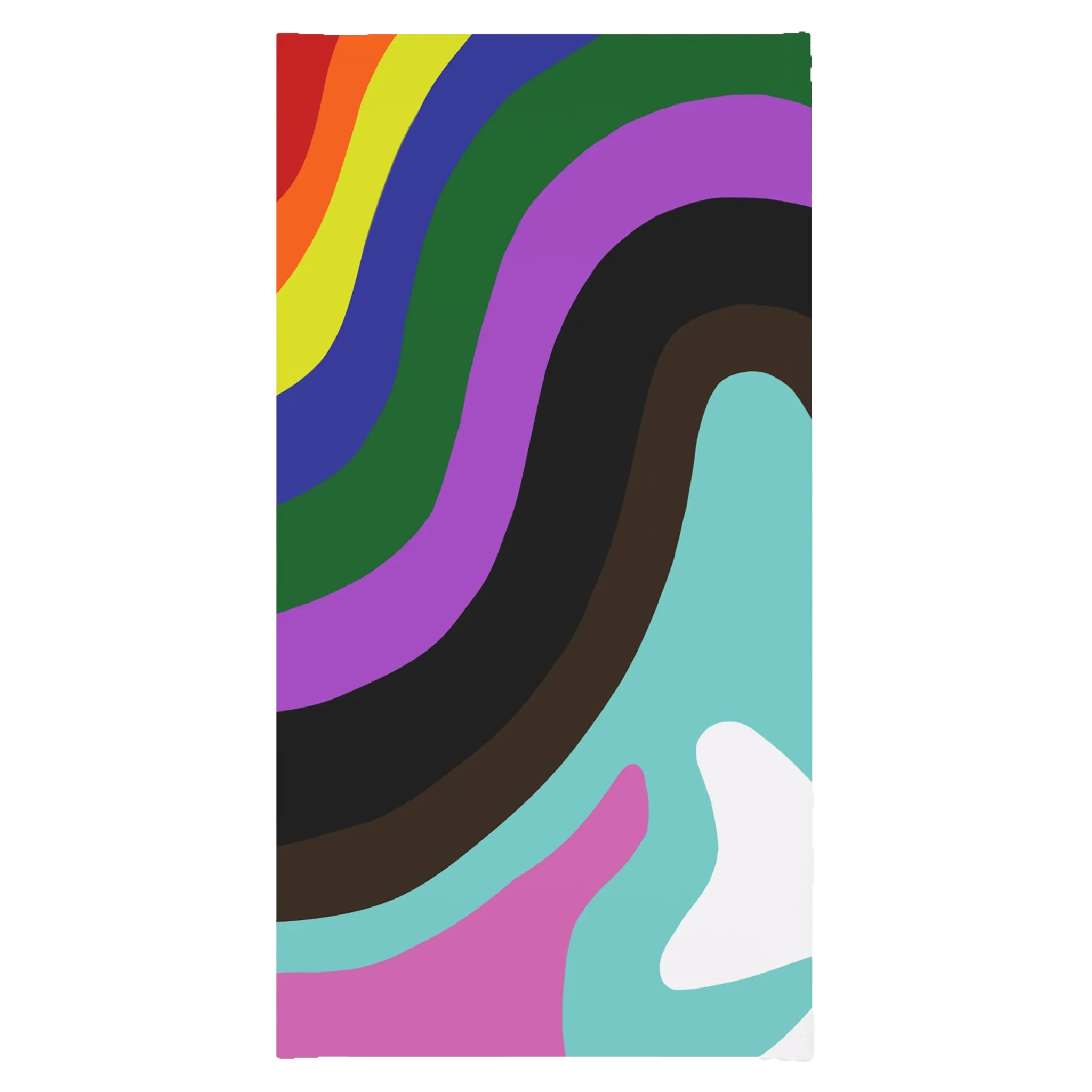 A back view of the FREEBRD Abstract Pride Rainbow Wave Neck gaiter, showing color waves of red, orange, yellow, blue, green, purple, black, brown, pink, teal and white. 