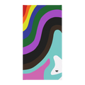 A front view of the FREEBRD Abstract Pride Rainbow Wave Neck gaiter, showing color waves of red, orange, yellow, blue, green, purple, black, brown, pink, teal and white. 
