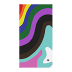 A front view of the FREEBRD Abstract Pride Rainbow Wave Neck gaiter, showing color waves of red, orange, yellow, blue, green, purple, black, brown, pink, teal and white. 
