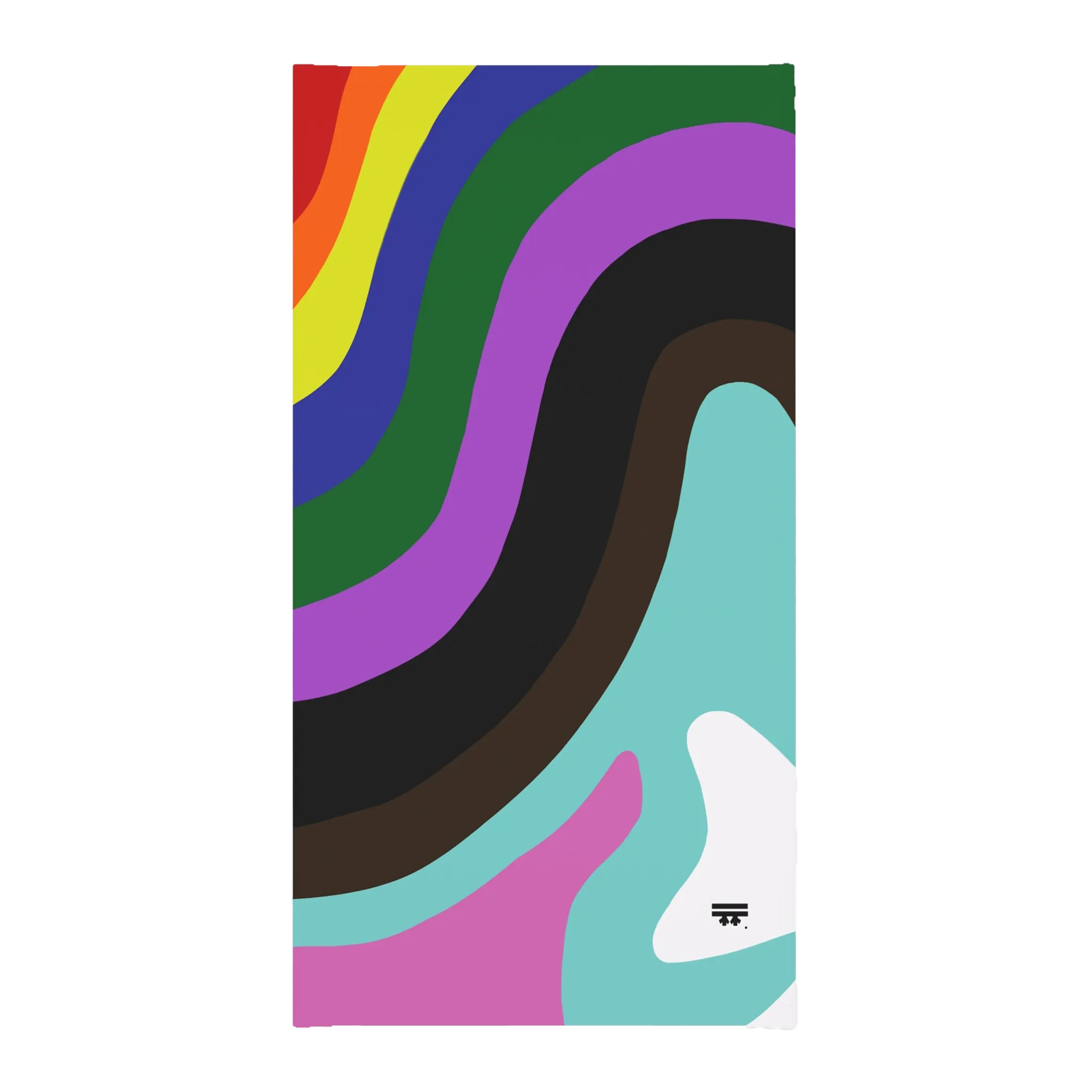 A front view of the FREEBRD Abstract Pride Rainbow Wave Neck gaiter, showing color waves of red, orange, yellow, blue, green, purple, black, brown, pink, teal and white. 