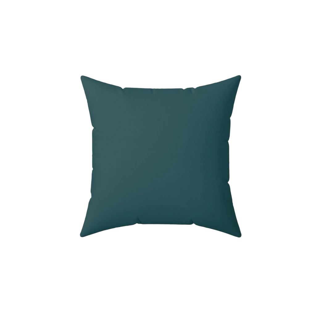 Abstract teal faux suede throw pillow, back view.
