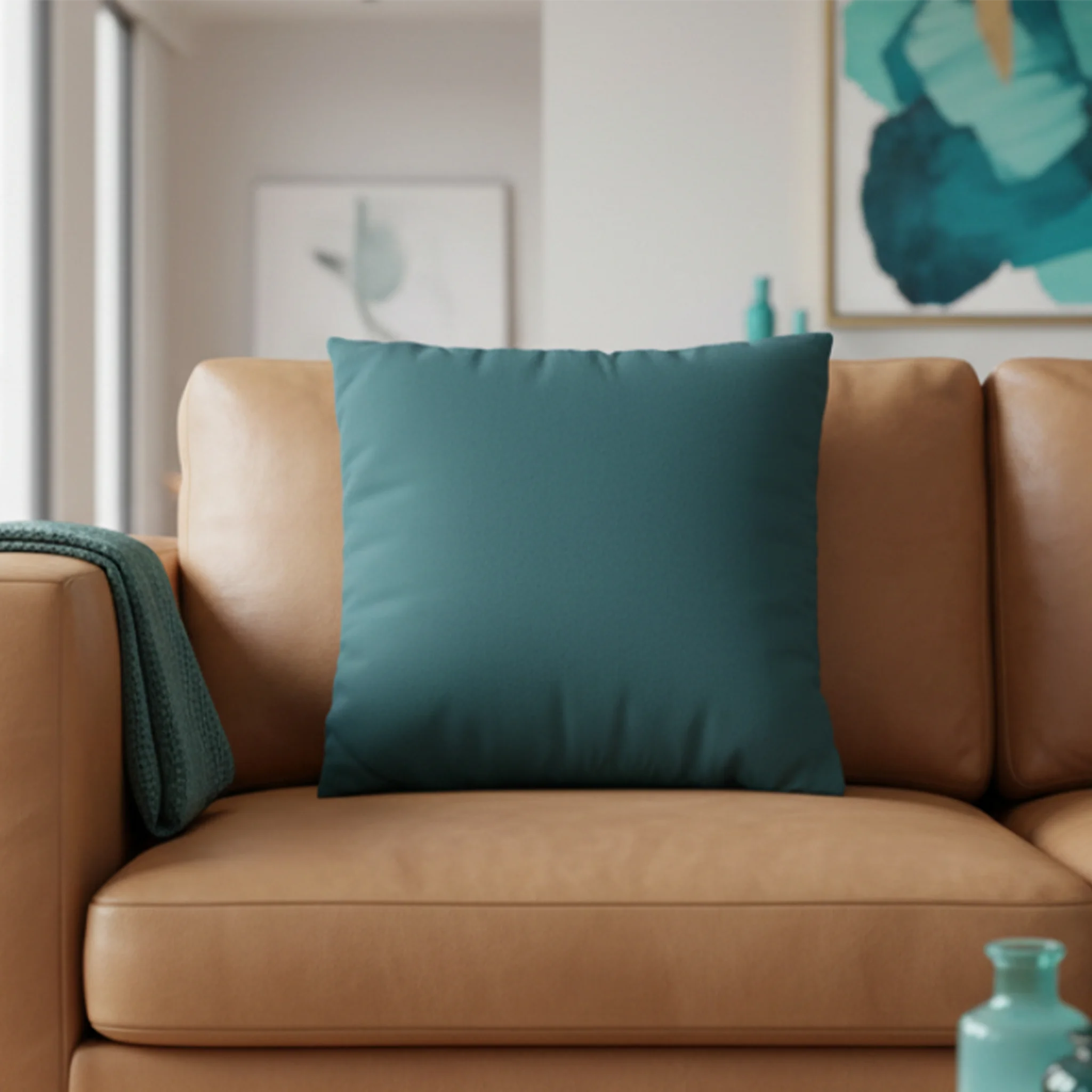 Abstract Teal faux suede pillow case styled on a couch in a modern living room.