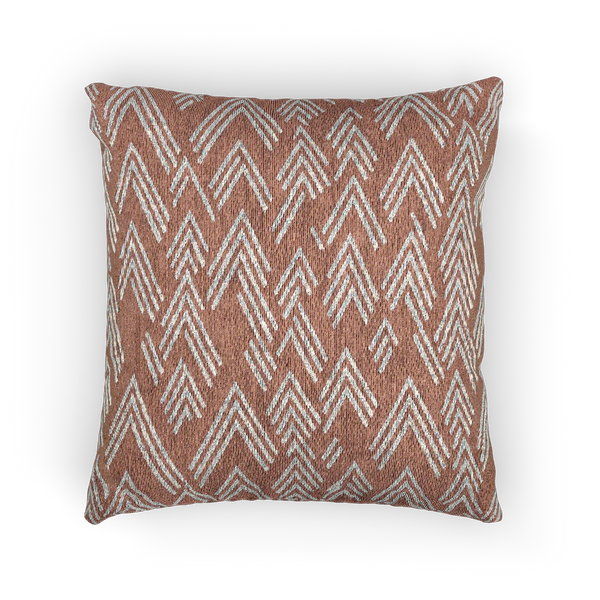 A front view of the Adore Pink Boho Ikat Woven Pillow showing an adore pink background and ivory white chevron ikat styled lines.