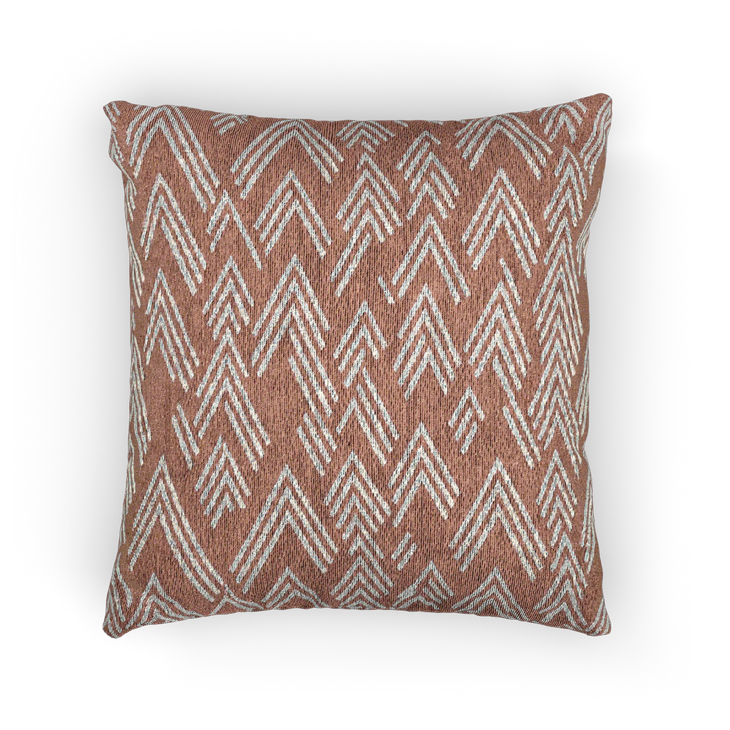 A front view of the Adore Pink Boho Ikat Woven Pillow showing an adore pink background and ivory white chevron ikat styled lines.