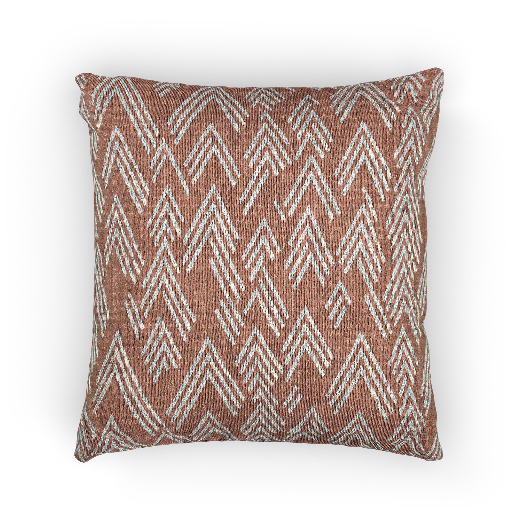A front view of the Adore Pink Boho Ikat Woven Pillow showing an adore pink background and ivory white chevron ikat styled lines.