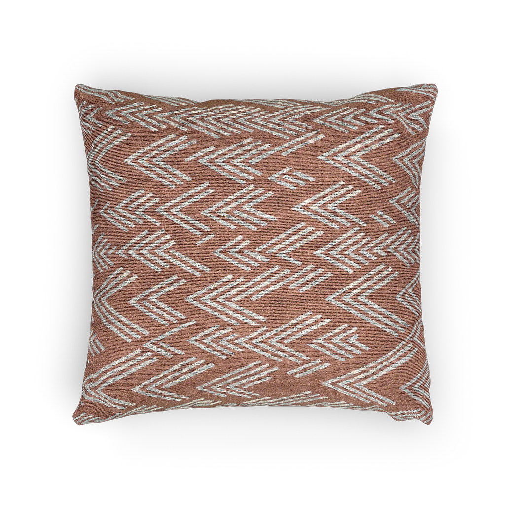 A horizontal view of the Adore Pink Boho Ikat Woven Pillow showing an adore pink background and ivory white chevron ikat styled lines.