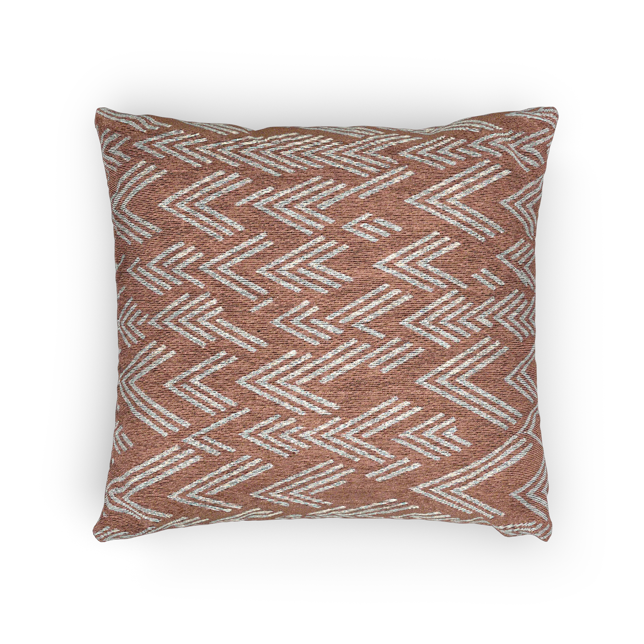 A horizontal view of the Adore Pink Boho Ikat Woven Pillow showing an adore pink background and ivory white chevron ikat styled lines.