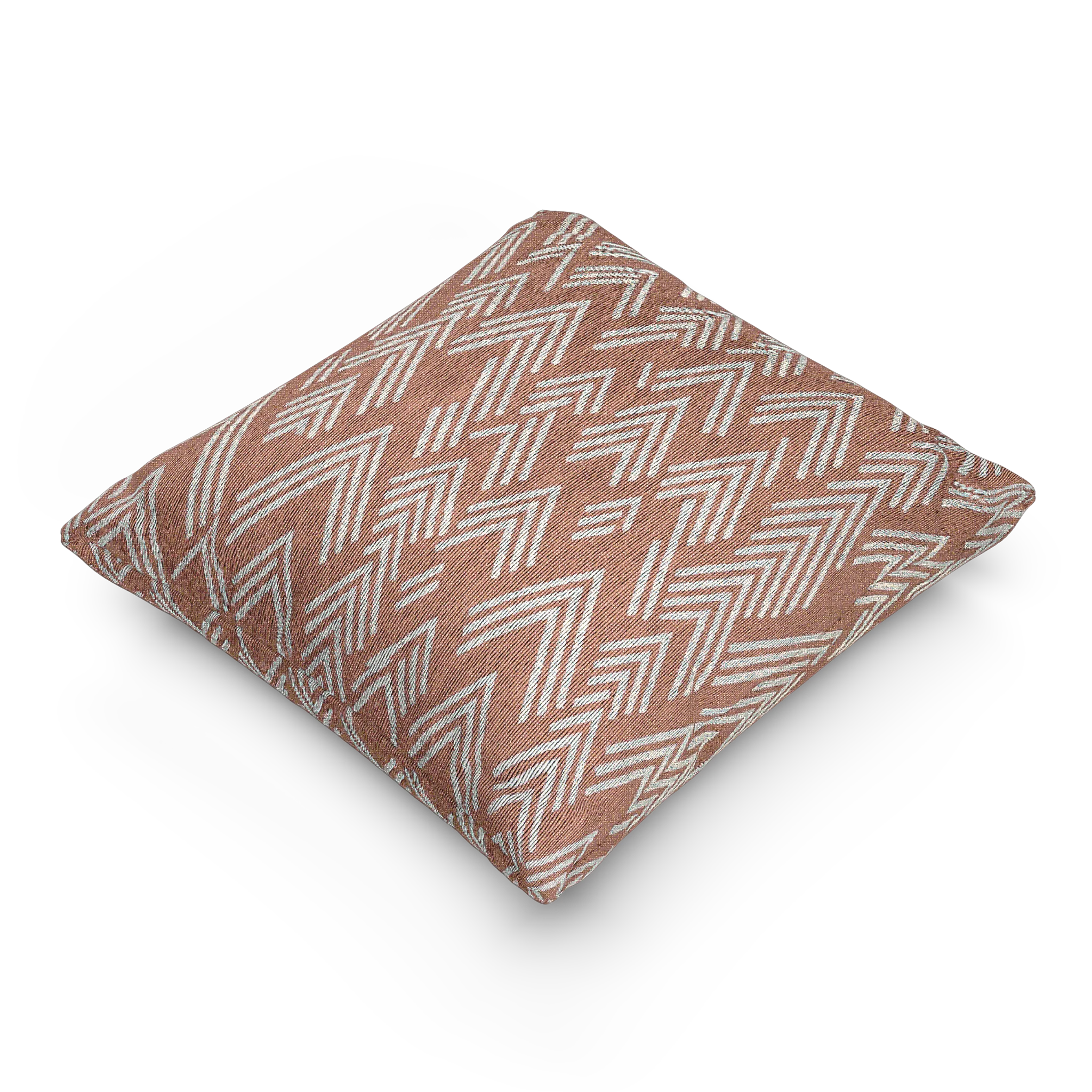 A side view of the Adore Pink Boho Ikat Woven Pillow showing an adore pink background and ivory white chevron ikat styled lines.