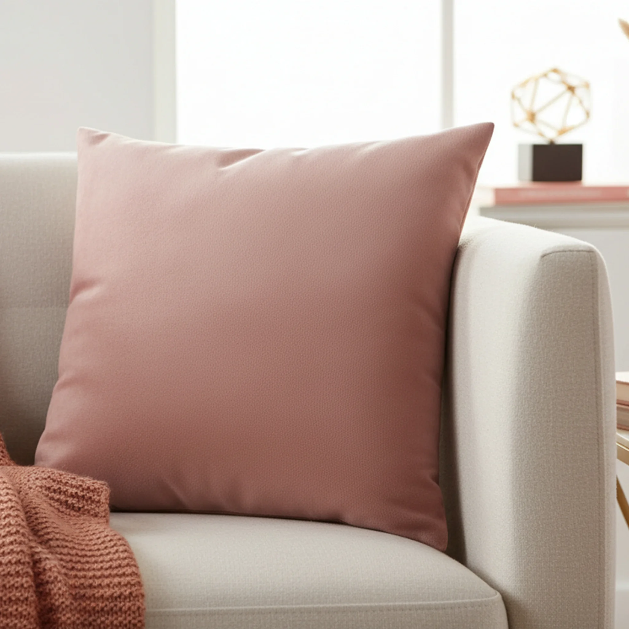 Adore Pink faux suede pillow case styled on a couch in a modern living room.