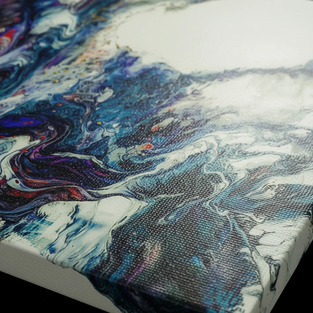 Close-up texture detail of "Afrostar" gallery-wrapped abstract canvas by FREEBRD — fluid pour art in navy, indigo, teal and white on premium DTF canvas with archival matte finish.
