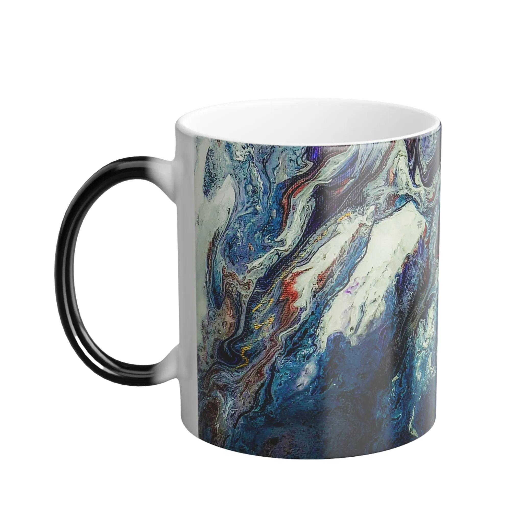 A left side view of the 11 oz abstract coffee cup showing the ‘Afrostar’ acrylic hand-poured canvas artwork design on the left side that displays navy, white, gold, magenta, black and shades of red acrylic paint textures wrapped around the cup, with a black c-shaped handle. 