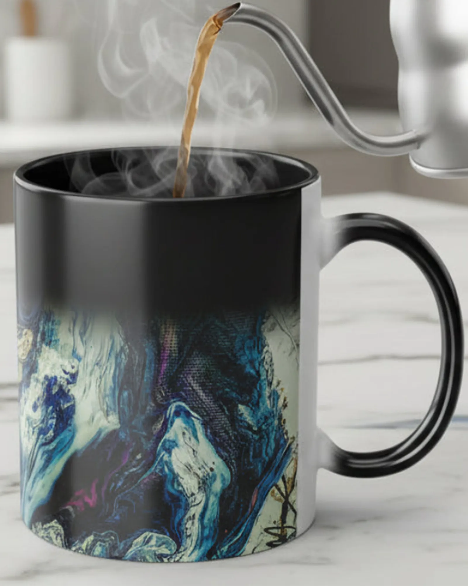 warm coffee bring poured into the 11 oz abstract coffee cup showing the ‘Afrostar’ acrylic hand-poured canvas artwork design on the right side that displays navy, white, gold, magenta, black and shades of red acrylic paint textures wrapped around the cup, with a black c-shaped handle and the heat reactive elements changing from black into vivid color. 