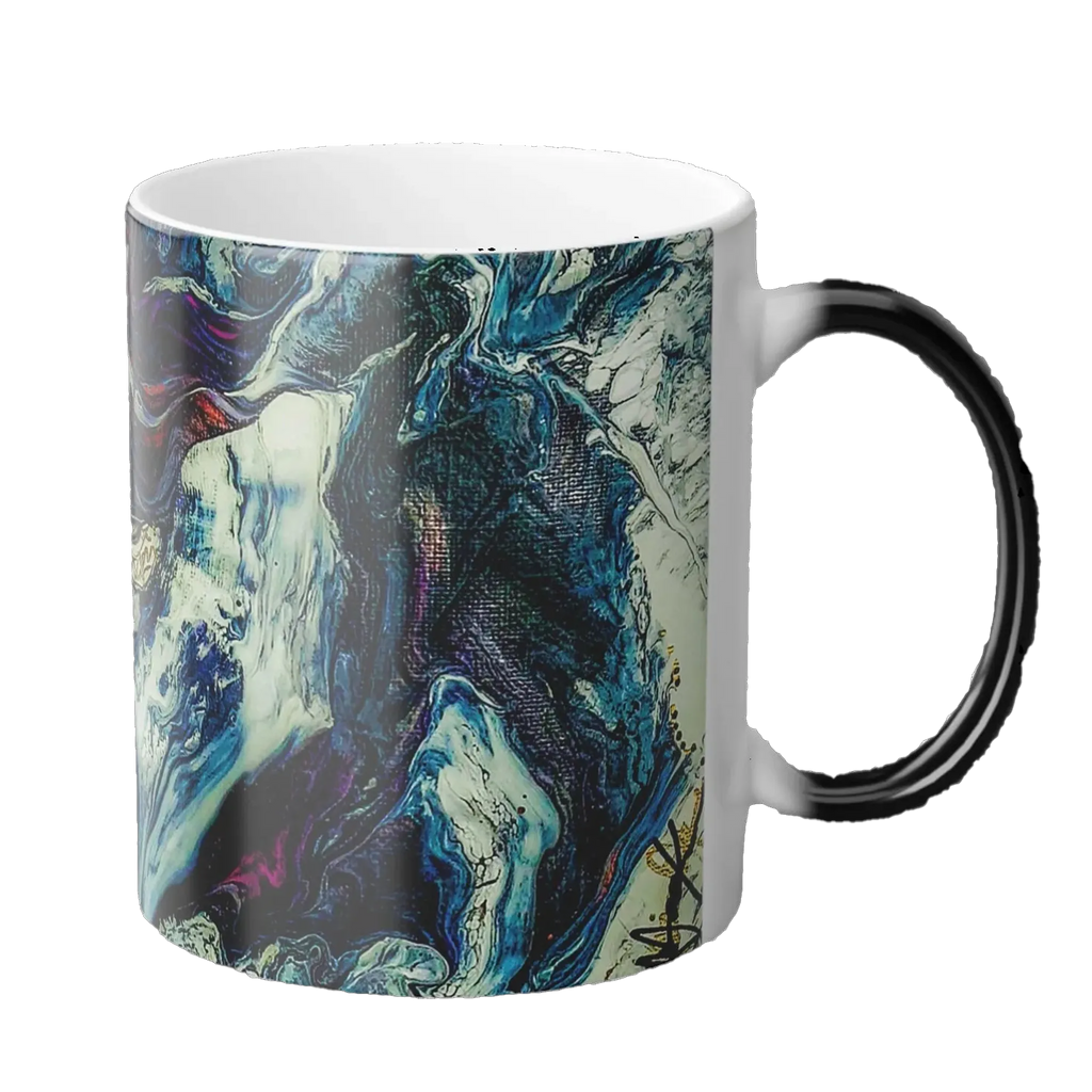 A right side view of the 11 oz abstract coffee cup showing the ‘Afrostar’ acrylic hand-poured canvas artwork design on the right side that displays navy, white, gold, magenta, black and shades of red acrylic paint textures wrapped around the cup, with a black c-shaped handle. 