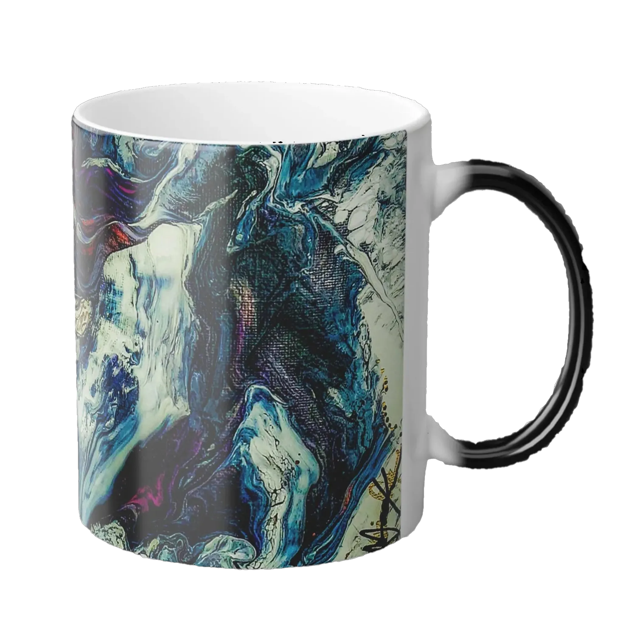 A right side view of the 11 oz abstract coffee cup showing the ‘Afrostar’ acrylic hand-poured canvas artwork design on the right side that displays navy, white, gold, magenta, black and shades of red acrylic paint textures wrapped around the cup, with a black c-shaped handle. 