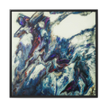 A front preview of the "Afrostar” FREEBRD abstract artwork painting on a 36x36 canvas with a 1.25 inch thickness, framed in a certified wood black frame that shows swirling wavy color hues like navy, rugged blue, ivory, off white, traditional red, purples and gold.