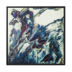 A front preview of the "Afrostar” FREEBRD abstract artwork painting on a 36x36 canvas with a 1.25 inch thickness, framed in a certified wood black frame that shows swirling wavy color hues like navy, rugged blue, ivory, off white, traditional red, purples and gold.