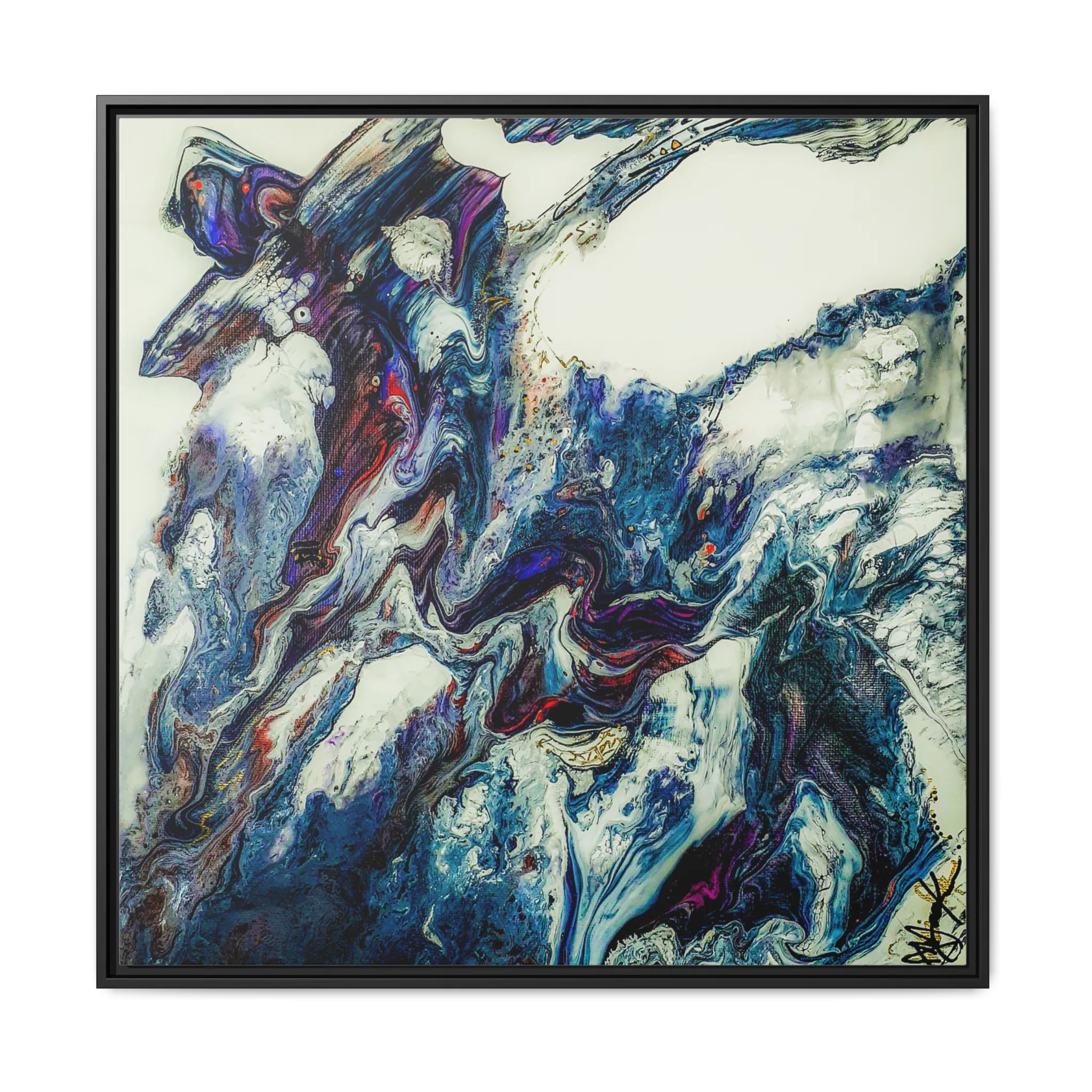 A front preview of the "Afrostar” FREEBRD abstract artwork painting on a 36x36 canvas with a 1.25 inch thickness, framed in a certified wood black frame that shows swirling wavy color hues like navy, rugged blue, ivory, off white, traditional red, purples and gold.