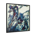A side preview of the "Afrostar” FREEBRD abstract artwork painting on a 36x36 canvas with a 1.25 inch thickness, framed in a certified wood black frame that shows swirling wavy color hues like navy, rugged blue, ivory, off white, traditional red, purples and gold.