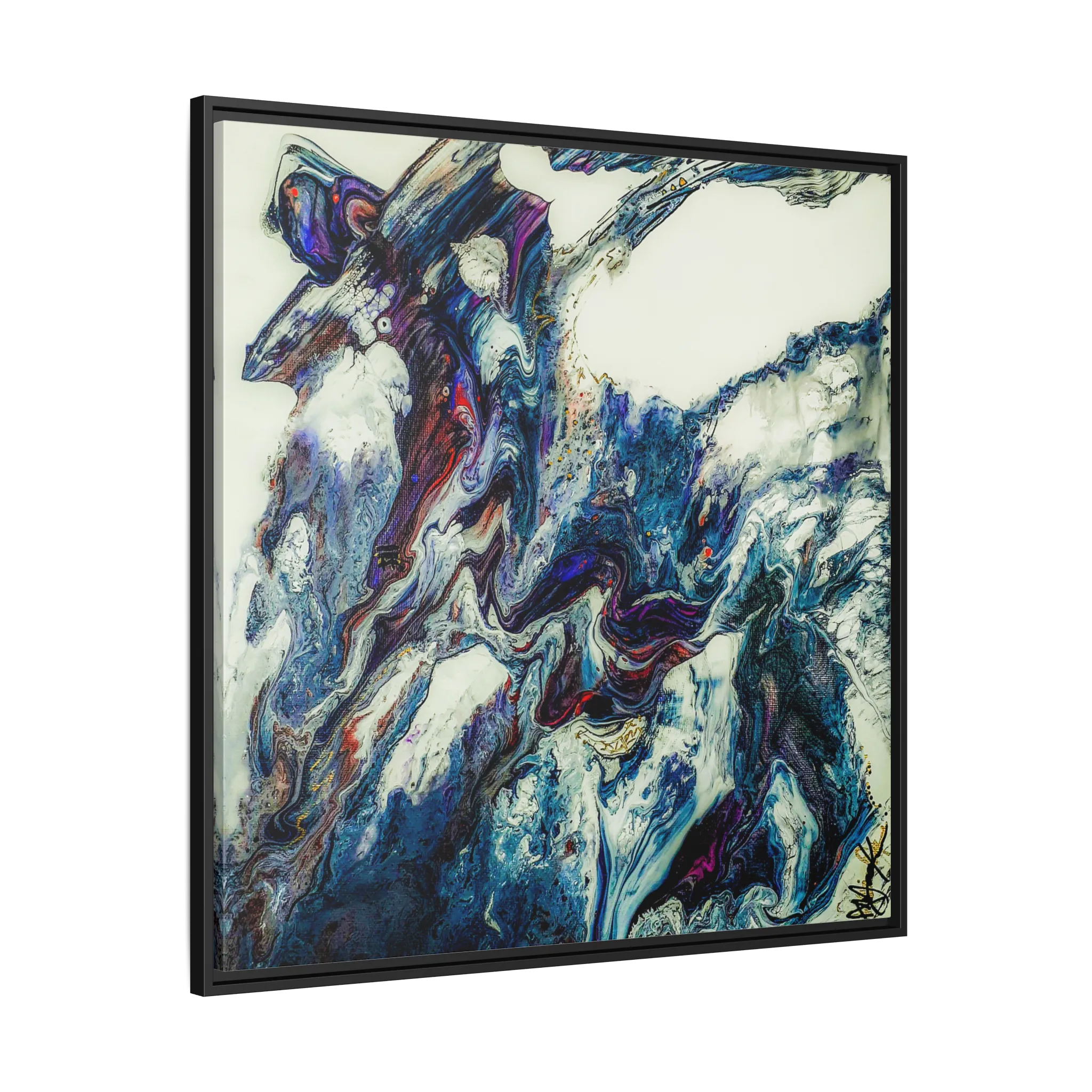 A side preview of the "Afrostar” FREEBRD abstract artwork painting on a 36x36 canvas with a 1.25 inch thickness, framed in a certified wood black frame that shows swirling wavy color hues like navy, rugged blue, ivory, off white, traditional red, purples and gold.