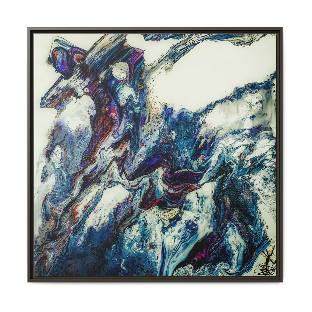 A front preview of the "Afrostar” FREEBRD abstract artwork painting on a 36x36 canvas with a 1.25 inch thickness, framed in a certified wood espresso frame that shows swirling wavy color hues like navy, rugged blue, ivory, off white, traditional red, purples and gold.