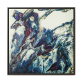 A front preview of the "Afrostar” FREEBRD abstract artwork painting on a 36x36 canvas with a 1.25 inch thickness, framed in a certified wood espresso frame that shows swirling wavy color hues like navy, rugged blue, ivory, off white, traditional red, purples and gold.