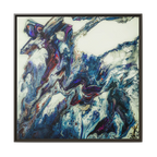 A front preview of the "Afrostar” FREEBRD abstract artwork painting on a 36x36 canvas with a 1.25 inch thickness, framed in a certified wood espresso frame that shows swirling wavy color hues like navy, rugged blue, ivory, off white, traditional red, purples and gold.