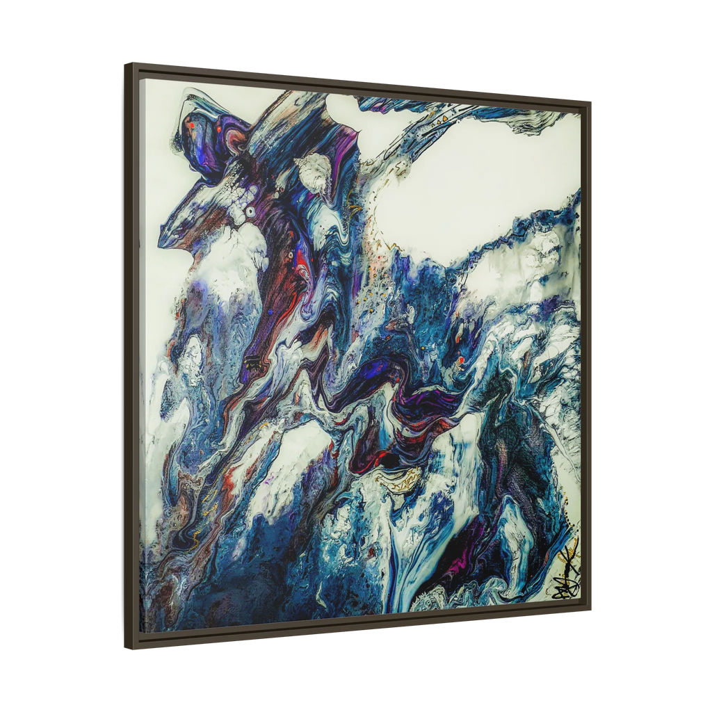 A side preview of the "Afrostar” FREEBRD abstract artwork painting on a 36x36 canvas with a 1.25 inch thickness, framed in a certified wood espresso frame that shows swirling wavy color hues like navy, rugged blue, ivory, off white, traditional red, purples and gold.